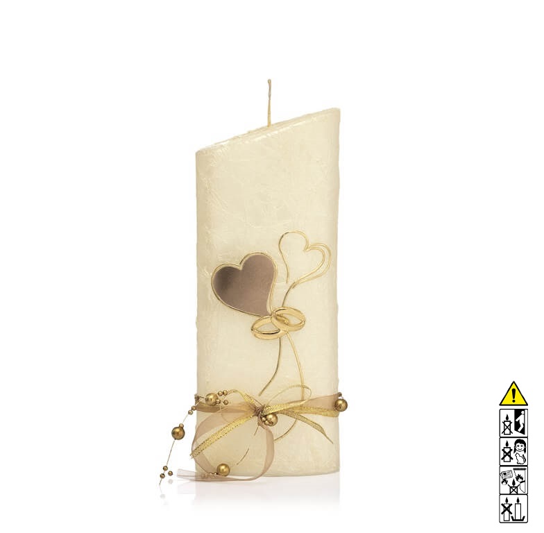 Hochzeitskerze Perlmutt, creme Zwei fliegende Herzen in gold 220 x 85 mm Individuelle Hochzeitskerze kaufen für die Trauung Perlmutt, creme Zwei fliegende Herzen in gold 220 x 85 mm