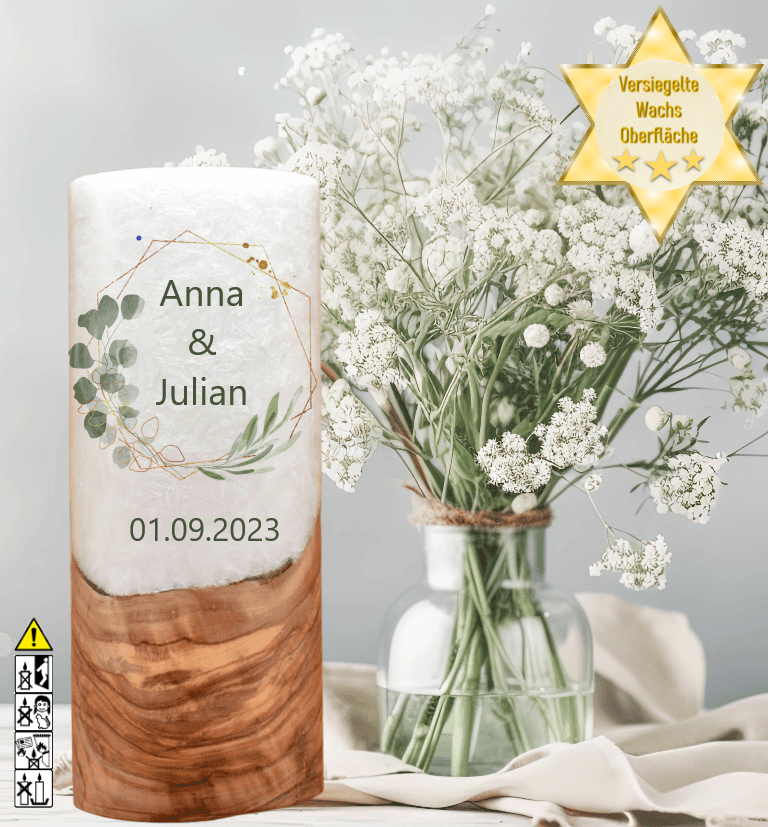 Hochzeitskerze mit Holzelement. Motiv: Olivenkranz Hochzeitskerze mit Holzelement. Motiv: Olivenkranz günstig in unserem Onlineshop kaufen. Personalisierte Hochzeitskerze online kaufen