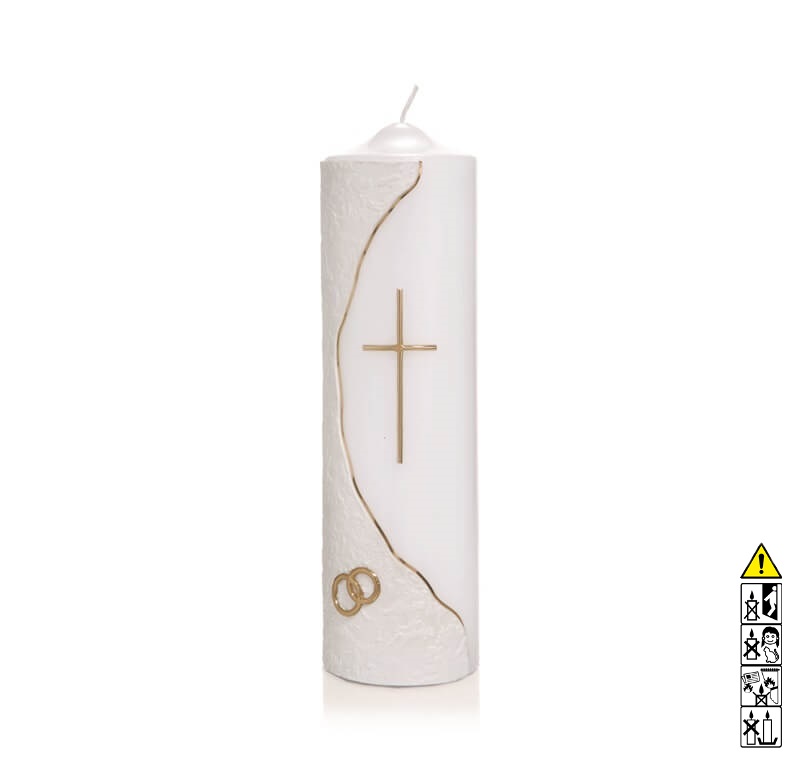 Individuelle Hochzeitskerze kaufen für die Trauung mit weißer und goldener Verzierung 250 x 70 mm in weiss