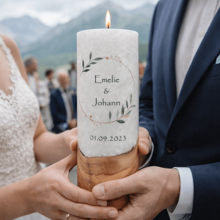 "Olivenkranz" Hochzeitskerze mit Holzelement 30 cm hoch