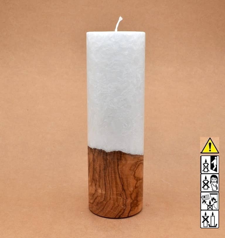 Kerze 80x250mm mit Holzelement, Individuelle, persönliche Hochzeitskerze  Holzkerze, Rund Stearinoptik, Hochzeitskerze mit Teelicht im Kerzen online Shop für Hochzeiten bestellen, günstig kaufen.