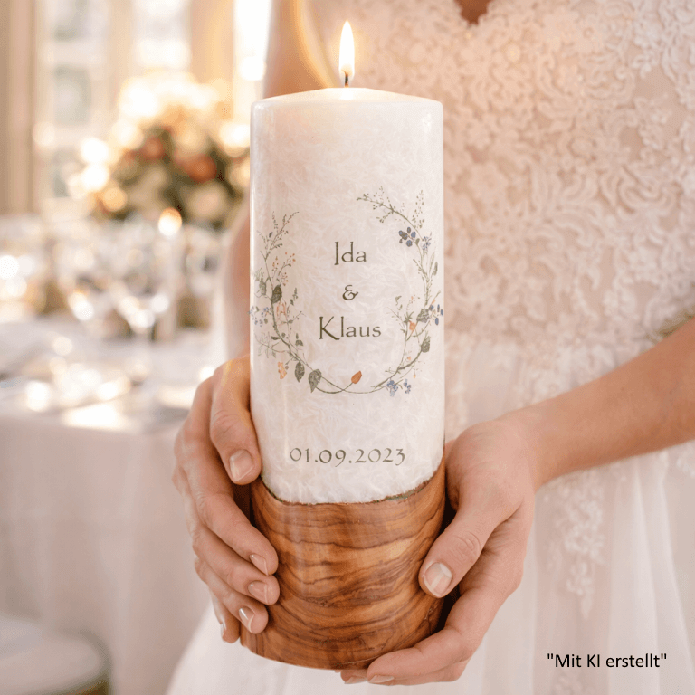 "Wiesenblumen" Hochzeitskerze mit Holzelement 30 cm hoch
