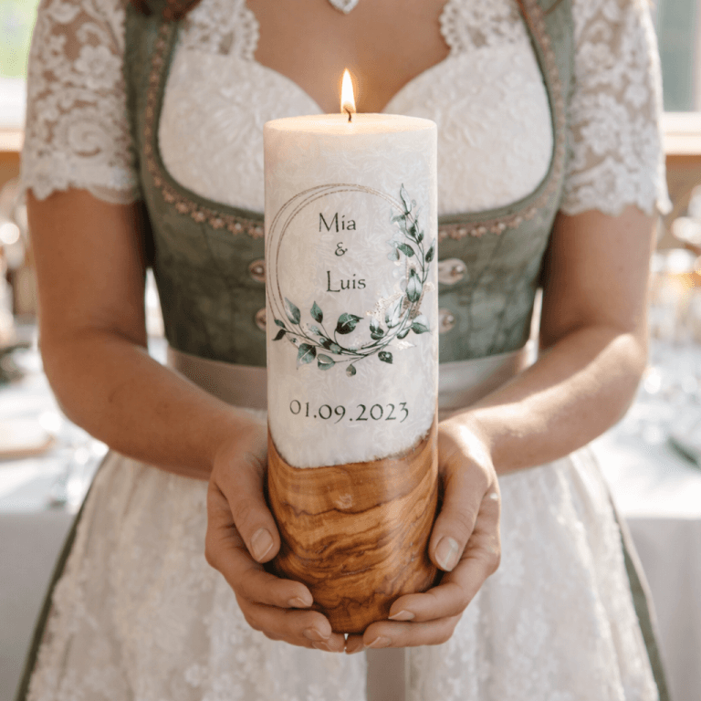 "Eukalyptus Ring gold" Hochzeitskerze mit Holzelement 30 cm hoch