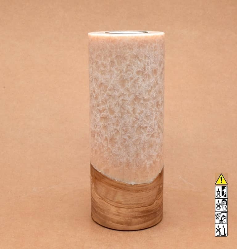 Kerze mit Holz Unikat Rund 80 x 200 mm mit Teelicht in beige Nr.: 2