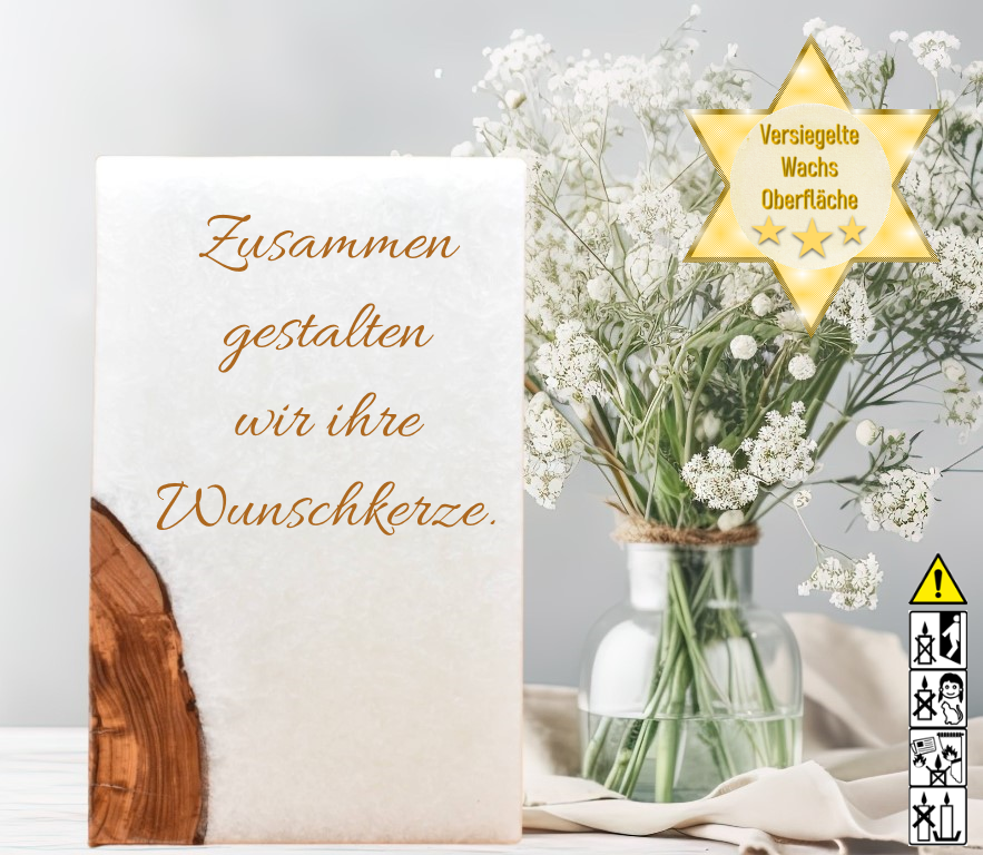 Hochzeitskerze 14 x 21 cm quader mit 2 Teelichter und Holzelement "selbst gestalten"