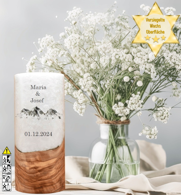 "Berge" Hochzeitskerze mit Holzelement 20 cm hoch "Berge" Hochzeitskerze mit Holzelement 20 cm hoch