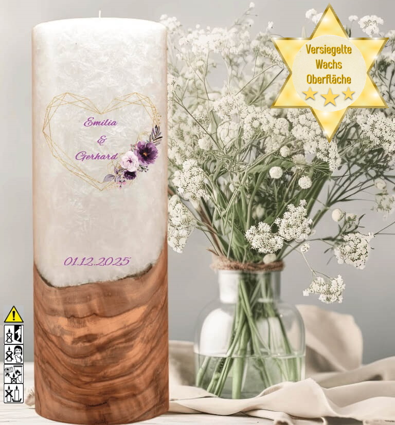 "Herz in Lila" Hochzeitskerze mit Holzelement 30 cm hoch "Herz in Lila" Hochzeitskerze mit Holzelement 30 cm hoch