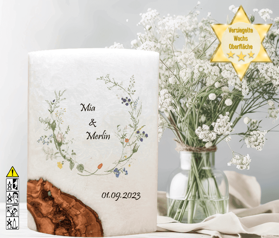 Hochzeitskerze mit Holzelement. Motiv: Wiesenblumen Hochzeitskerze mit Holzelement. Motiv: Wiesenblumen günstig in unserem Onlineshop kaufen. Personalisierte Hochzeitskerze online kaufen
