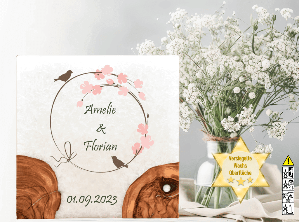 Hochzeitskerze mit Holzelement. Motiv: Vogelpaar günstig in unserem Onlineshop kaufen. Personalisierte Hochzeitskerze online kaufen