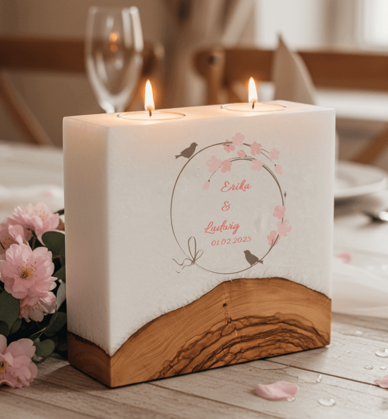 Hochzeitskerze Vogelpaar Nr.:3 mit Sockel und 2 Teelichter 20 x 20 cm