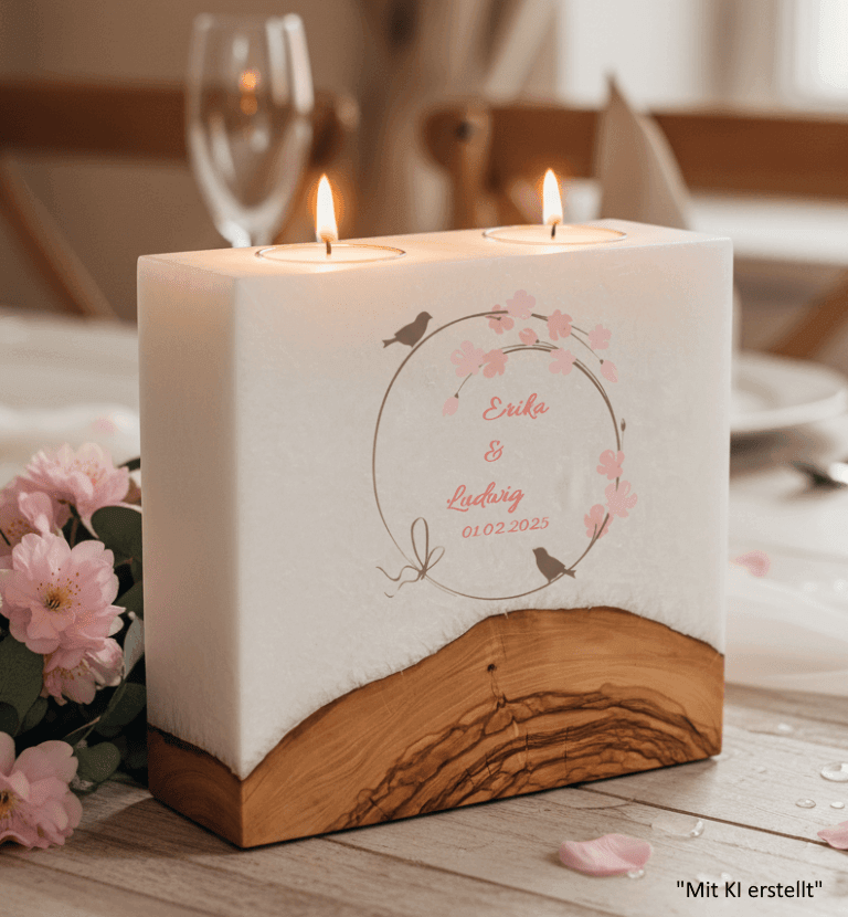 Hochzeitskerze Vogelpaar Nr.:3 mit Sockel und 2 Teelichter 20 x 20 cm