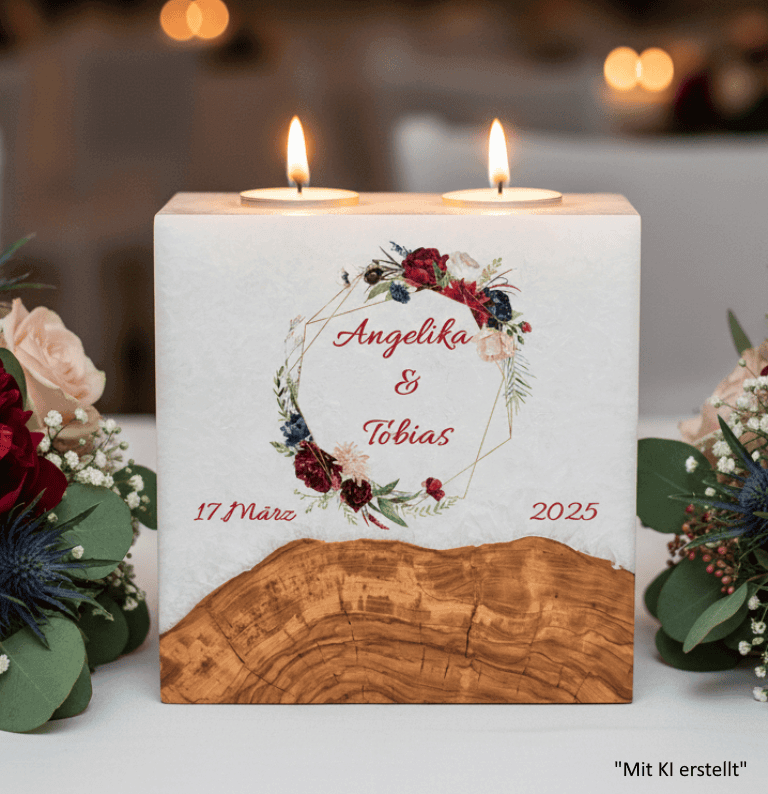 Hochzeitskerze Rosenkranz mit Sockel und 2 Teelichter 20 x 20 cm