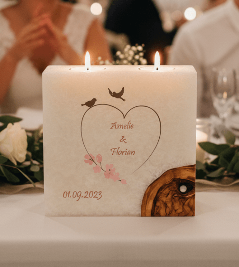 Hochzeitskerze Vogelpaar im Herz mit 1 Holzelement und 2 Teelichter 20 x 20 cm