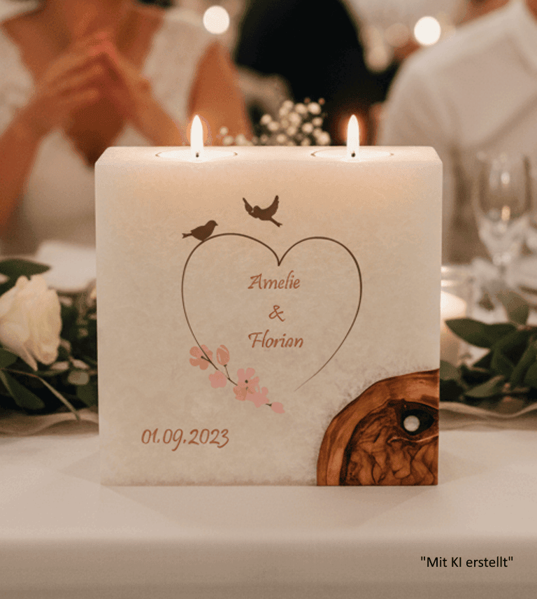 Hochzeitskerze Vogelpaar im Herz mit 1 Holzelement und 2 Teelichter 20 x 20 cm