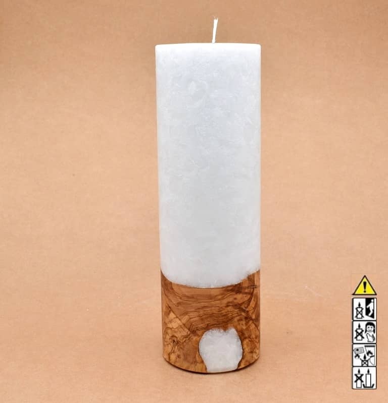 Kerze 80x250mm mit Holzelement, Individuelle, persönliche Hochzeitskerze  Holzkerze, Rund Stearinoptik, Hochzeitskerze mit Teelicht im Kerzen online Shop für Hochzeiten bestellen, günstig kaufen.