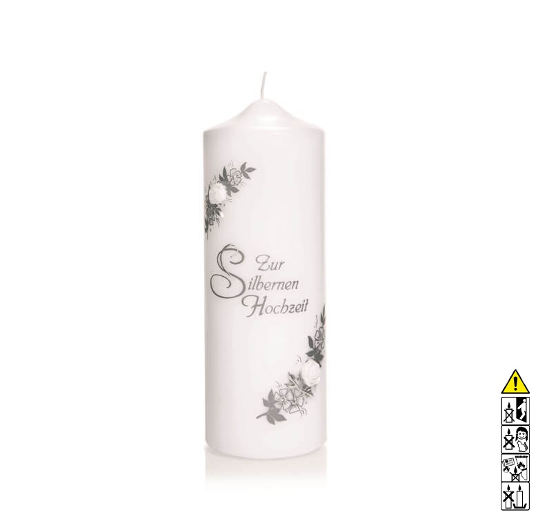 Kerze "Zur Silbernen Hochzeit" in silber 220 x 80 mm in weiss Individuelle Hochzeitskerze kaufen "Zur Silbernen Hochzeit" in silber 220 x 80 mm in weiss