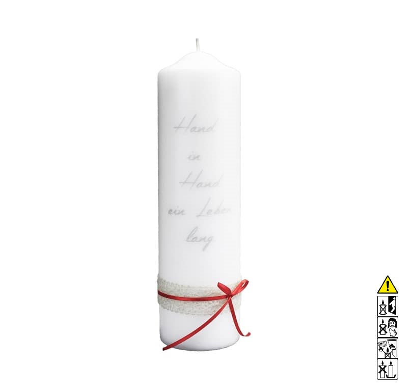 Individuelle Hochzeitskerze kaufen für die Trauung "Hand in Hand ein....." 250 x 70 mm in weiss