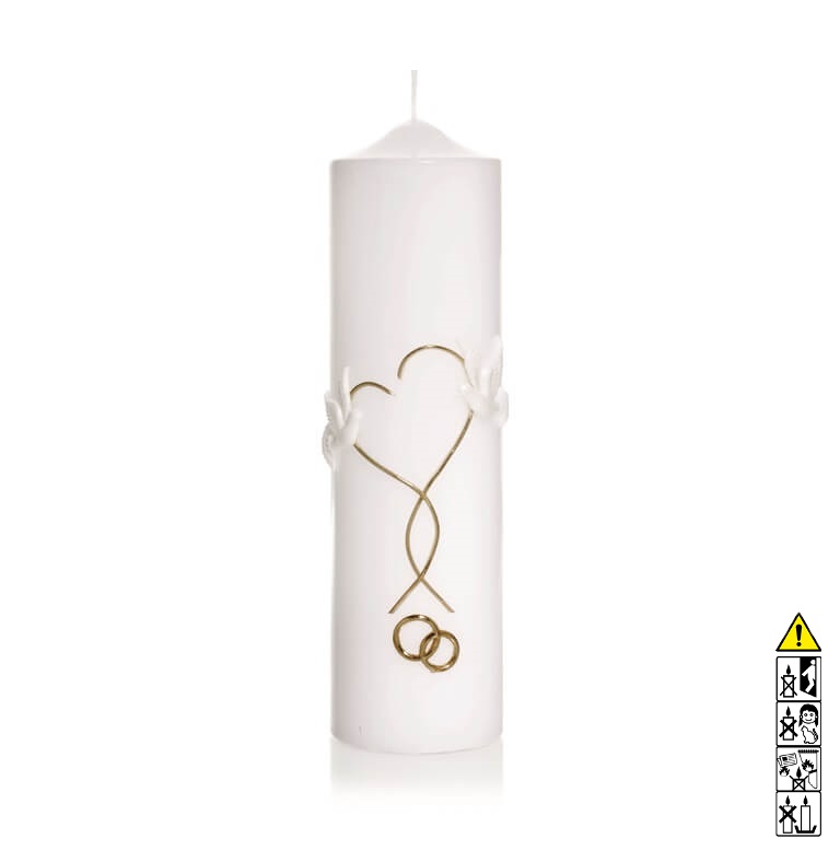 Hochzeitskerze geschwungenen Herz in gold und zwei Tauben 250 x 70 mm in weiss Individuelle Hochzeitskerze kaufen für die Trauung geschwungenen Herz in gold und zwei Tauben 250 x 70 mm in weiss