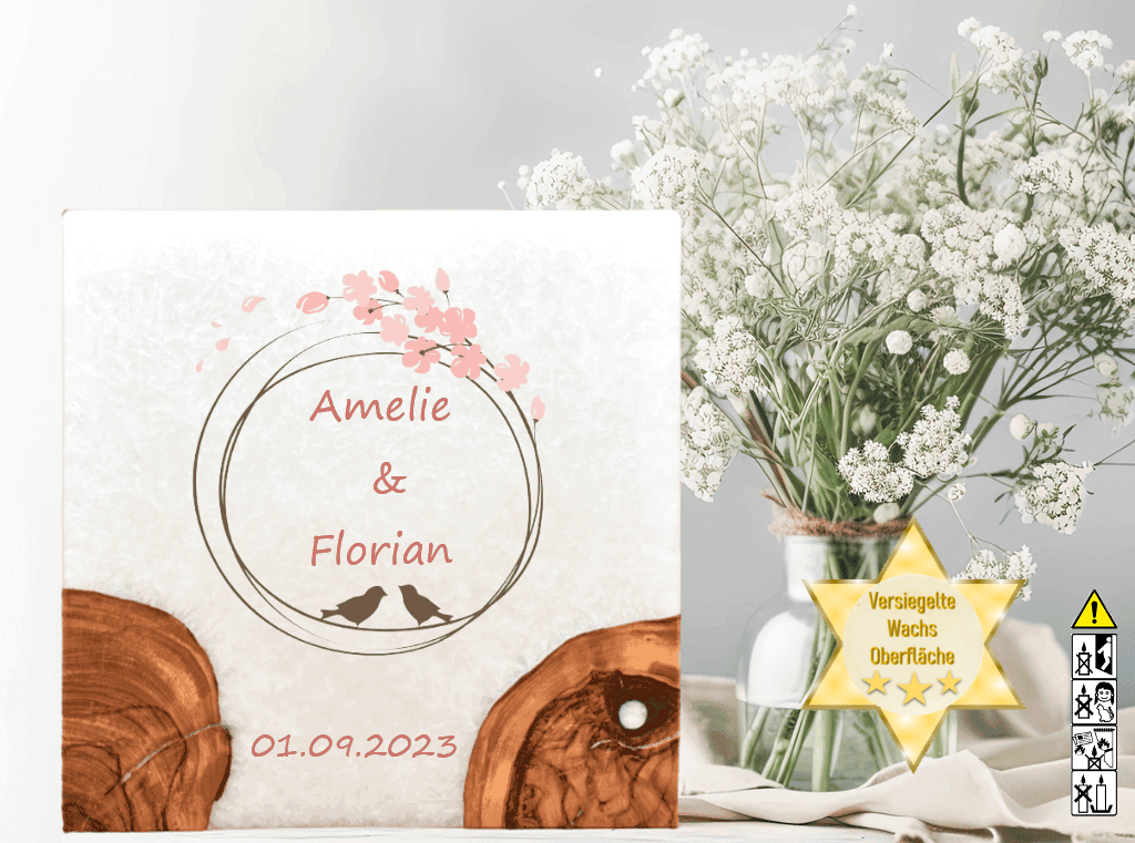 Hochzeitskerze mit Holzelement. Motiv: Vogelpaar günstig in unserem Onlineshop kaufen. Personalisierte Hochzeitskerze online kaufen