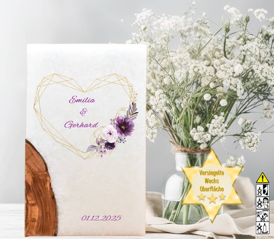 "Herz in Lila" Hochzeitskerze mit Holz und 2 Teelichter 14 x 21 cm "Herz in Lila" Hochzeitskerze mit Holz und 2 Teelichter 14 x 21 cm