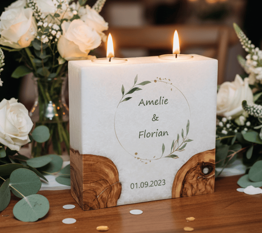 Hochzeitskerze Olivenkranz mit 2 Holzelementen und 2 Teelichter 20 x 20 cm