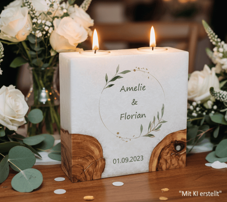 Hochzeitskerze Olivenkranz mit 2 Holzelementen und 2 Teelichter 20 x 20 cm