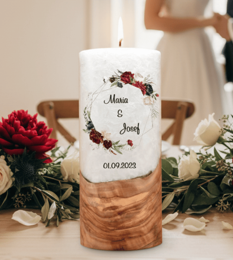 "Rosenkranz" Hochzeitskerze mit Holzelement 20 cm hoch