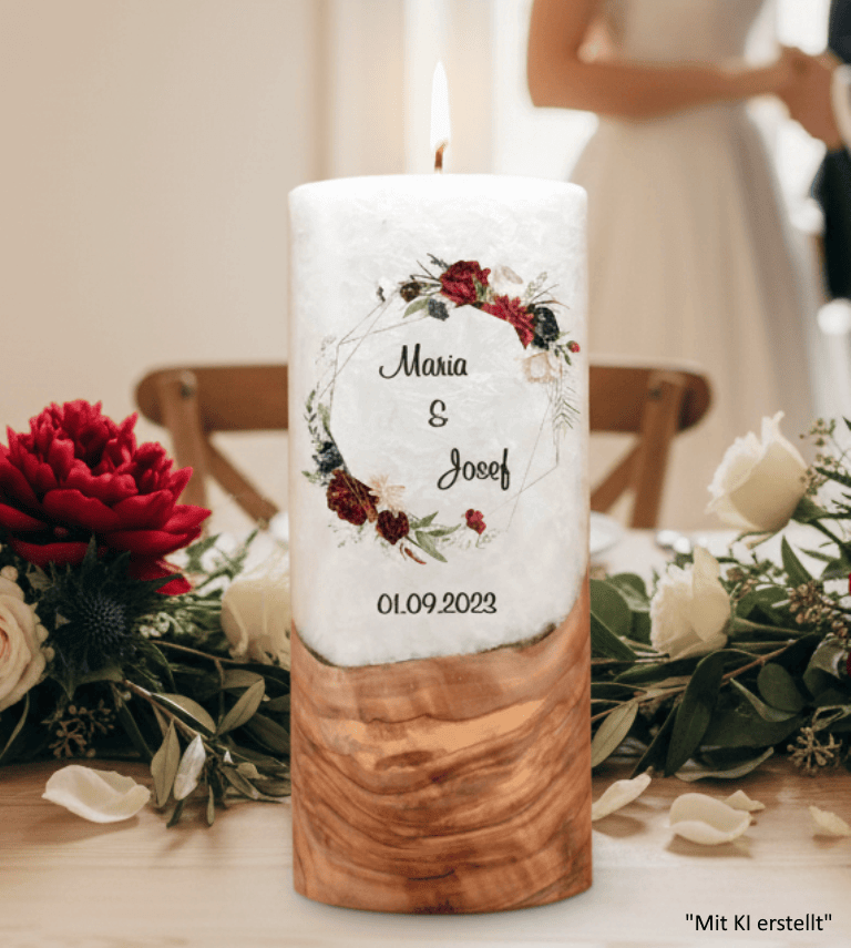 "Rosenkranz" Hochzeitskerze mit Holzelement 20 cm hoch
