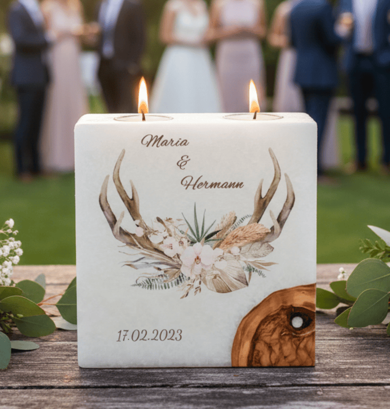 "Jäger" Hochzeitskerze mit 1 Holzelement und 2 Teelichter 20 x 20 cm