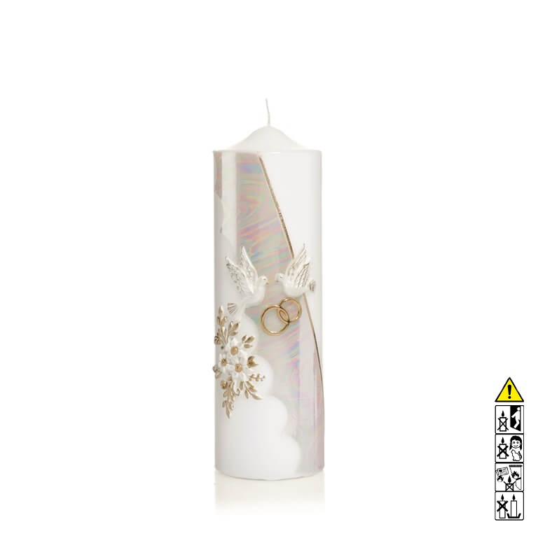 Individuelle Hochzeitskerze kaufen für die Trauung Perlmutt 2 Tauben mit Goldverzierung 220 x 70 mm