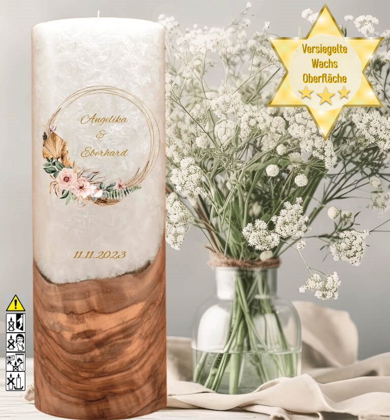 "Rustica Kranz" Hochzeitskerze mit Holzelement 30 cm hoch "Rustica Kranz" Hochzeitskerze mit Holzelement 30 cm hoch