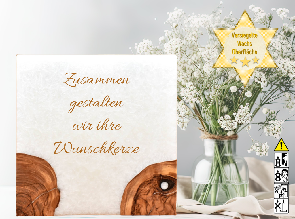 Hochzeitskerze 20 x 20 cm mit 2 Teelichter  und 2 Holzelementen "selbst gestalten"