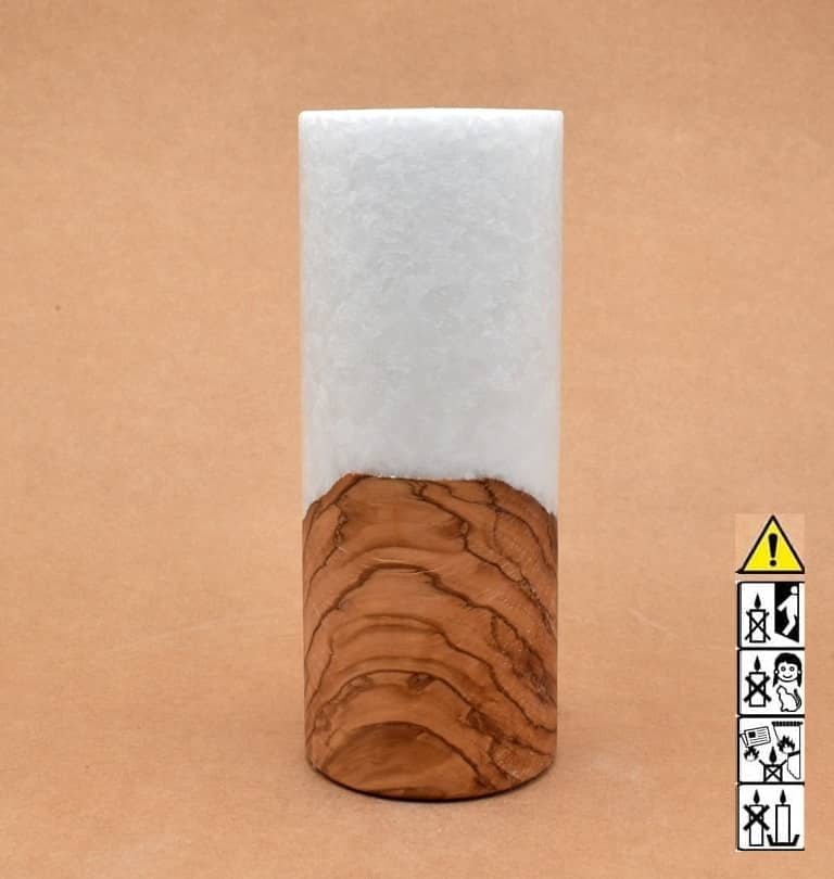 Kerze 80x200mm mit Holzelement, Individuelle, persönliche Hochzeitskerze  Holzkerze, Rund Stearinoptik, Hochzeitskerze mit Teelicht im Kerzen online Shop für Hochzeiten bestellen, günstig kaufen.