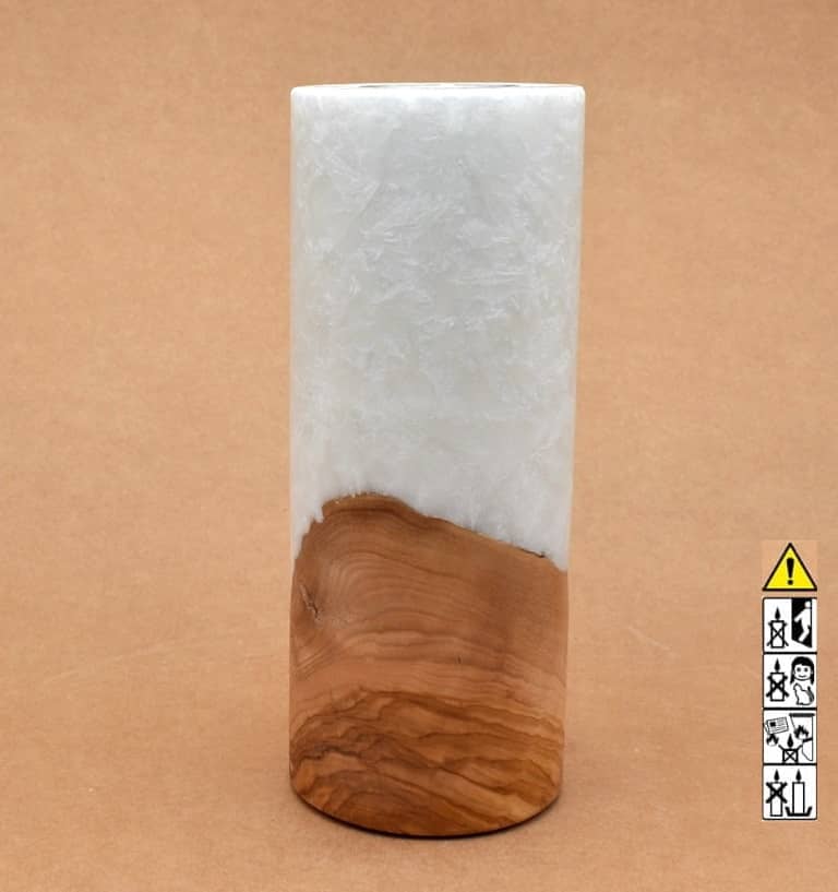 Kerze 80x200mm mit Holzelement, Individuelle, persönliche Hochzeitskerze  Holzkerze, Rund Stearinoptik, Hochzeitskerze mit Teelicht im Kerzen online Shop für Hochzeiten bestellen, günstig kaufen.