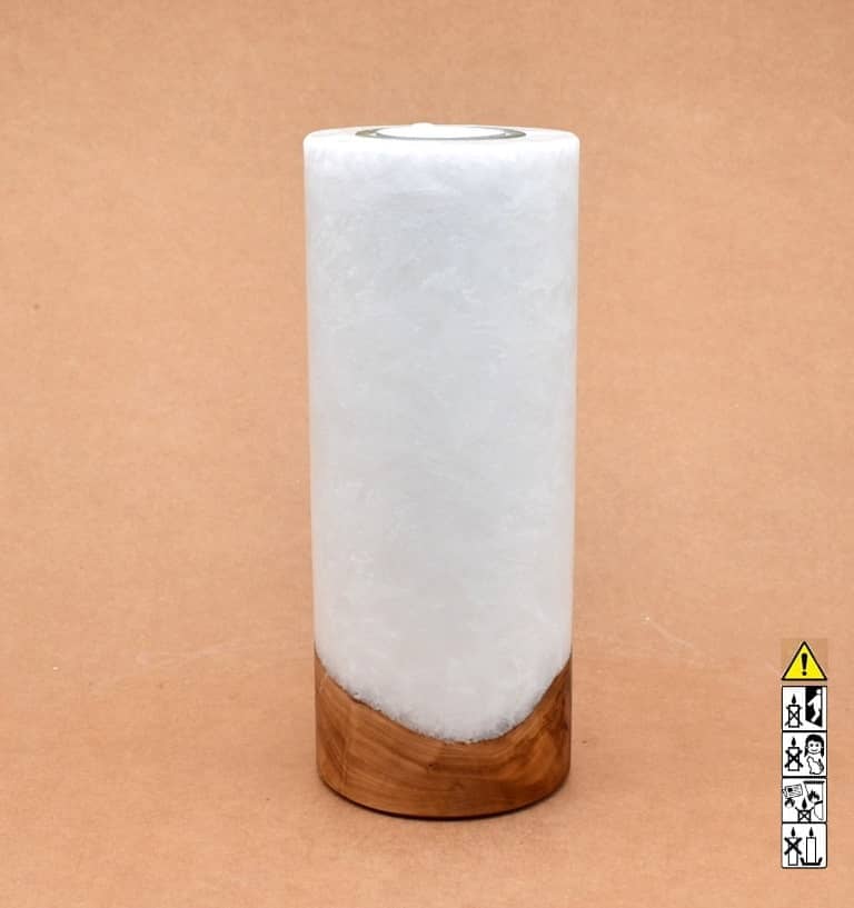 Kerze 80x200mm mit Holzelement, Individuelle, persönliche Hochzeitskerze  Holzkerze, Rund Stearinoptik, Hochzeitskerze mit Teelicht im Kerzen online Shop für Hochzeiten bestellen, günstig kaufen.
