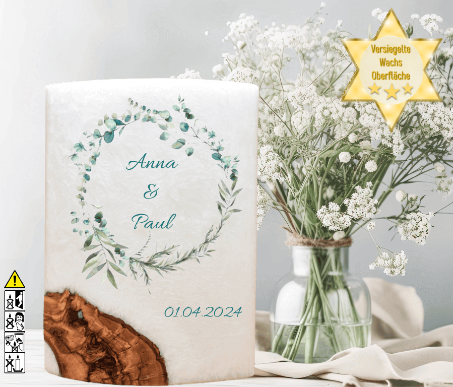 "Eukalyptuskranz 3 Hochzeitskerze mit Holzelement. 14 x 21 cm oval mit Teelicht oder Docht "Eukalyptuskranz 3 Hochzeitskerze mit Holzelement. 14 x 21 cm oval mit Teelicht oder Docht
