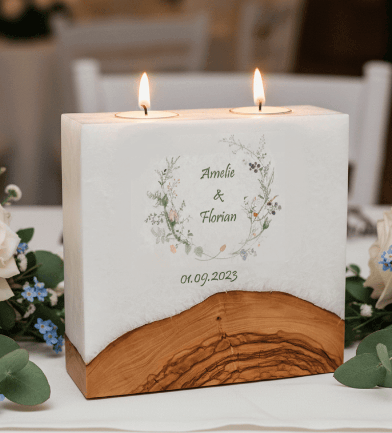 Hochzeitskerze Wiesenblumen mit Sockel und 2 Teelichter 20 x 20 cm