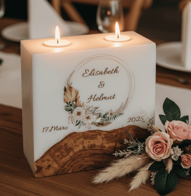 "Rustica Kranz" Hochzeitskerze mit Sockel und 2 Teelichter 20 x 20 cm