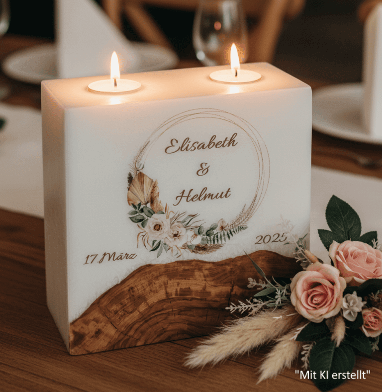 "Rustica Kranz" Hochzeitskerze mit Sockel und 2 Teelichter 20 x 20 cm