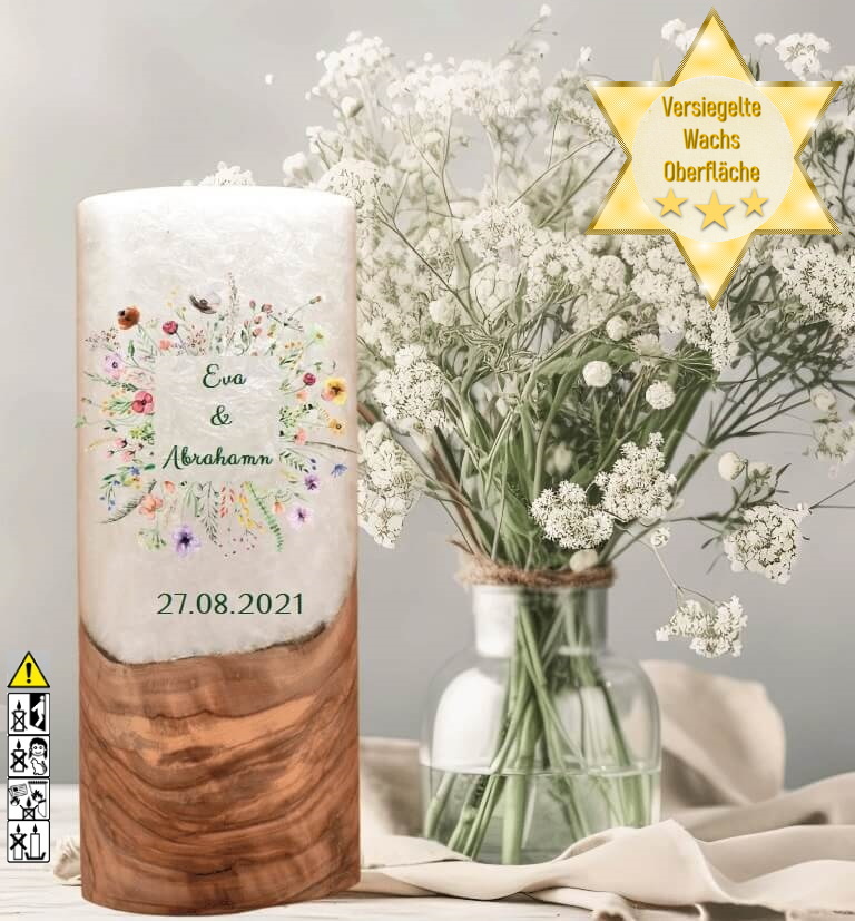 "Blumen Rahmen" Hochzeitskerze mit Holzelement 25 cm hoch "Blumen Rahmen" Hochzeitskerze mit Holzelement 25 cm hoch