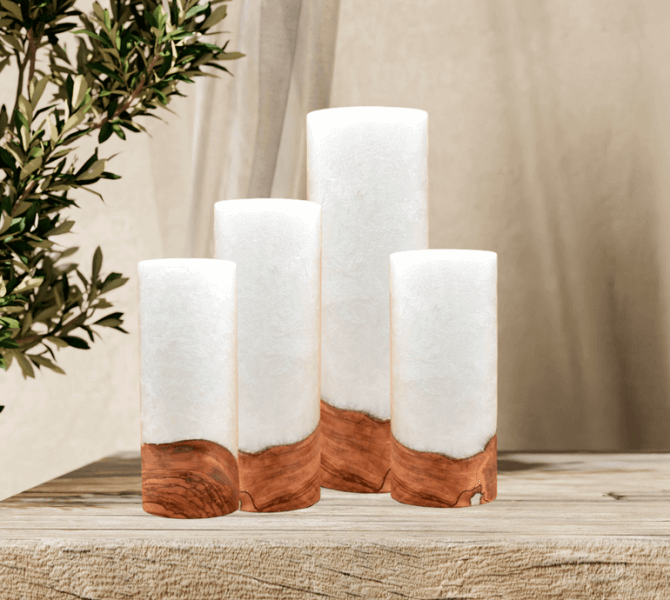 Kerze mit Holzelement, Individuelle, persönliche Hochzeitskerze  Holzkerze, Rund Stearinoptik, Hochzeitskerze mit Teelicht im Kerzen online Shop für Hochzeiten bestellen, günstig kaufen.