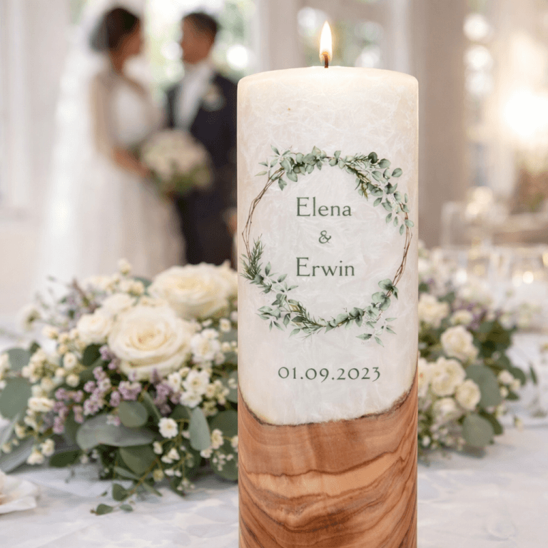 "Eukalyptuszweige" Hochzeitskerze mit Holzelement 30 cm hoch