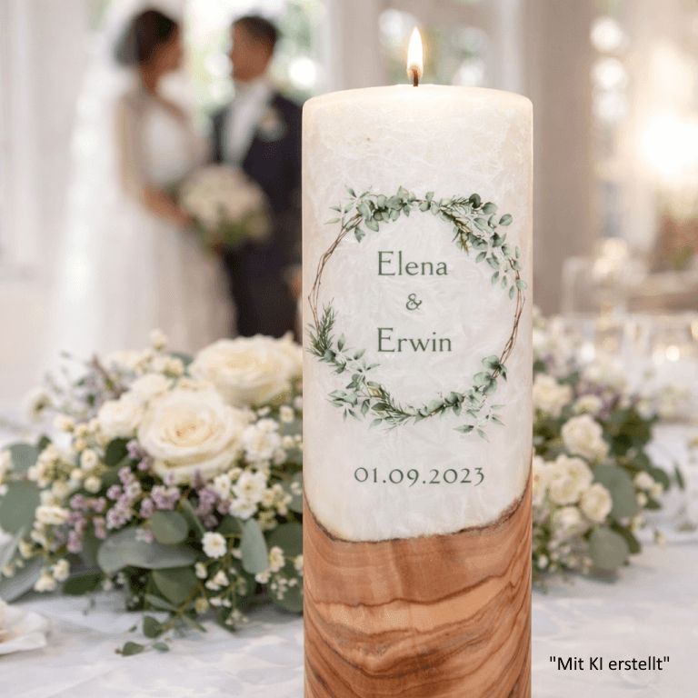 "Eukalyptuszweige" Hochzeitskerze mit Holzelement 30 cm hoch