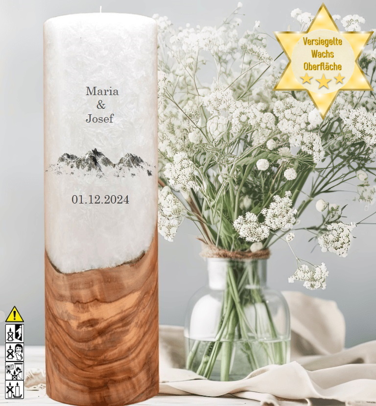 "Berge" Hochzeitskerze mit Holzelement 30 cm hoch "Berge" Hochzeitskerze mit Holzelement 30 cm hoch