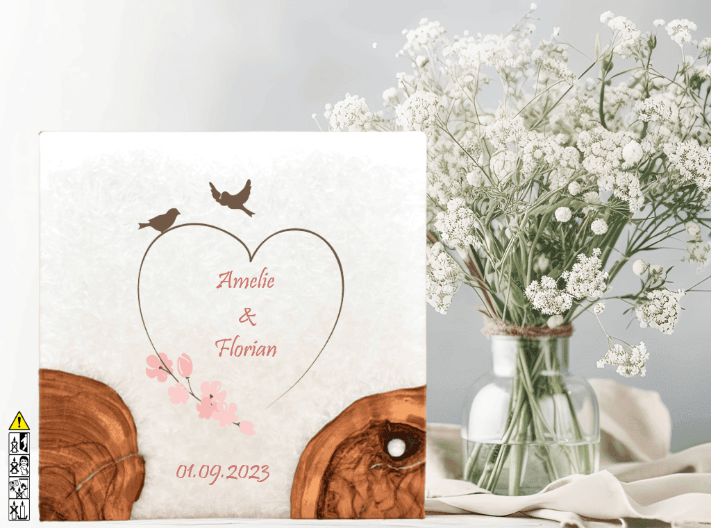 Hochzeitskerze mit Holzelement. Motiv: Vogelpaar günstig in unserem Onlineshop kaufen. Personalisierte Hochzeitskerze online kaufen