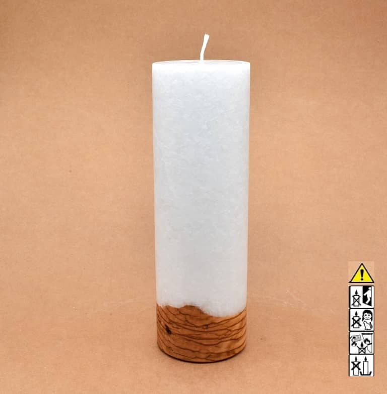 Kerze 80x250mm mit Holzelement, Individuelle, persönliche Hochzeitskerze  Holzkerze, Rund Stearinoptik, Hochzeitskerze mit Teelicht im Kerzen online Shop für Hochzeiten bestellen, günstig kaufen.