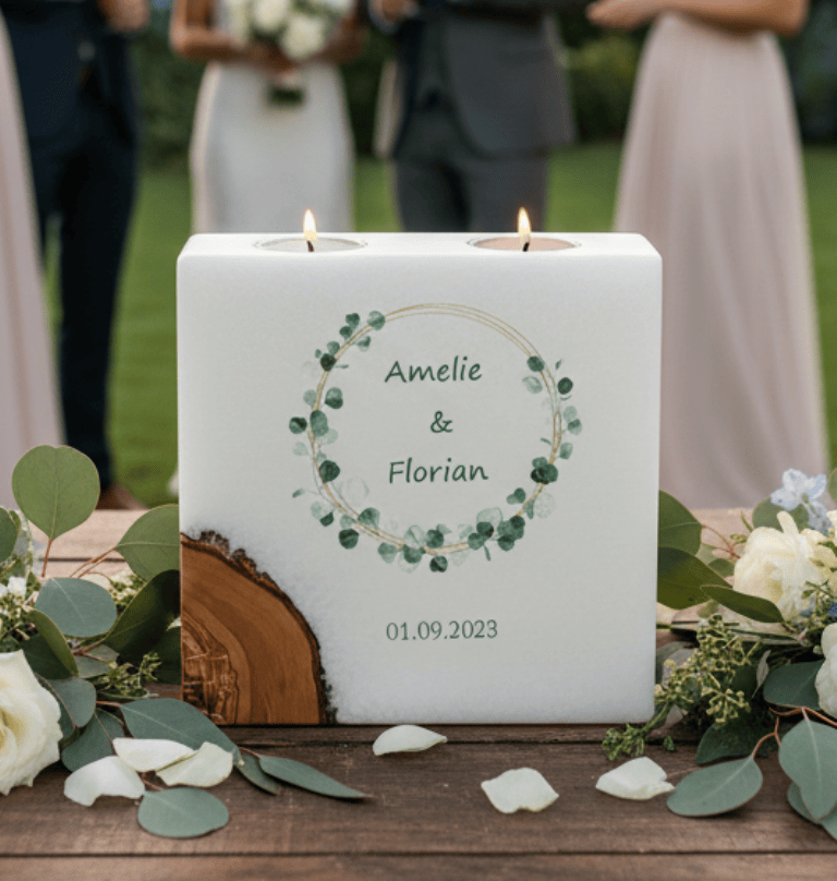 Hochzeitskerze Eukalyptus Kranz mit 1 Holzelement und 2 Teelichter 20 x 20 cm