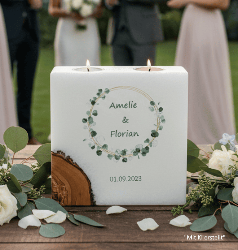 Hochzeitskerze Eukalyptus Kranz mit 1 Holzelement und 2 Teelichter 20 x 20 cm