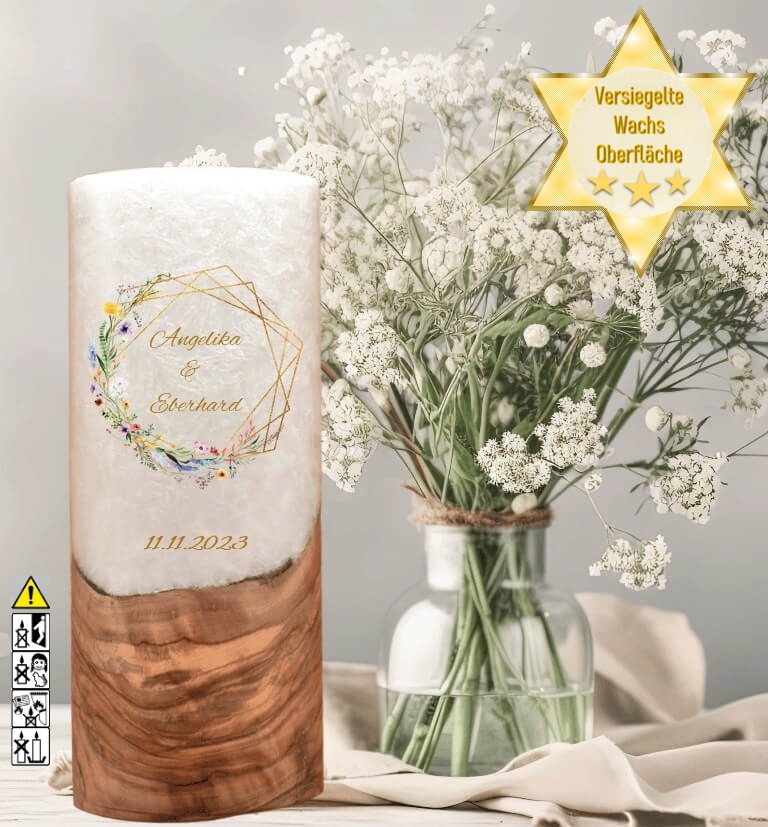 "Frühlingsblumen Kranz" Hochzeitskerze mit Holzelement 25 cm hoch "Frühlingsblumen Kranz" Hochzeitskerze mit Holzelement 25 cm hoch