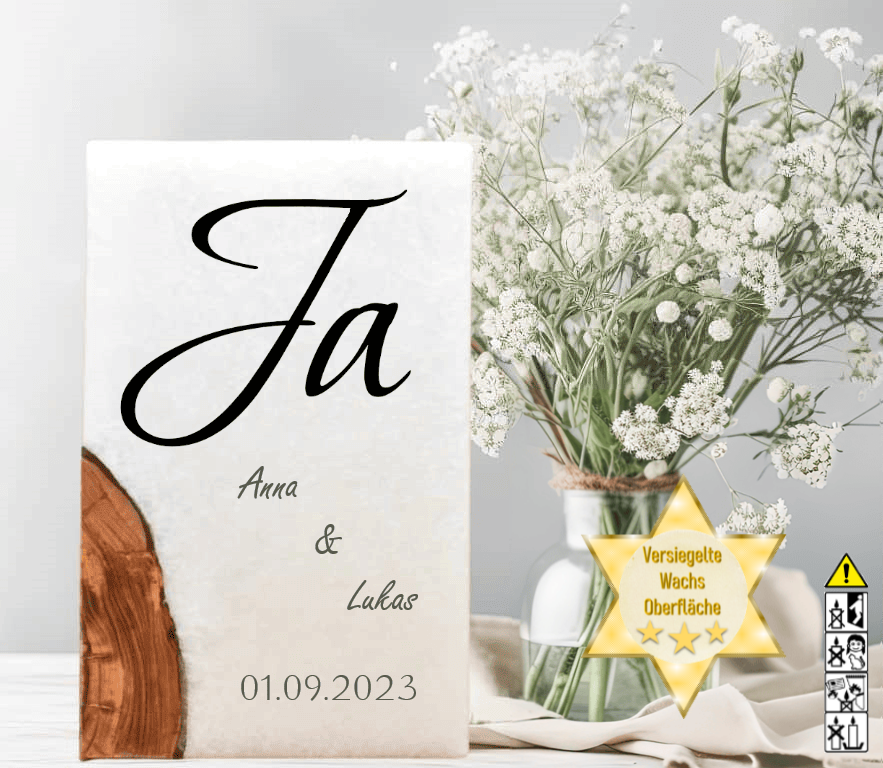 Hochzeitskerze mit Holzelement. Motiv: Ja Hochzeitskerze mit Holzelement. Motiv: Ja günstig in unserem Onlineshop kaufen. Personalisierte Hochzeitskerze online kaufen